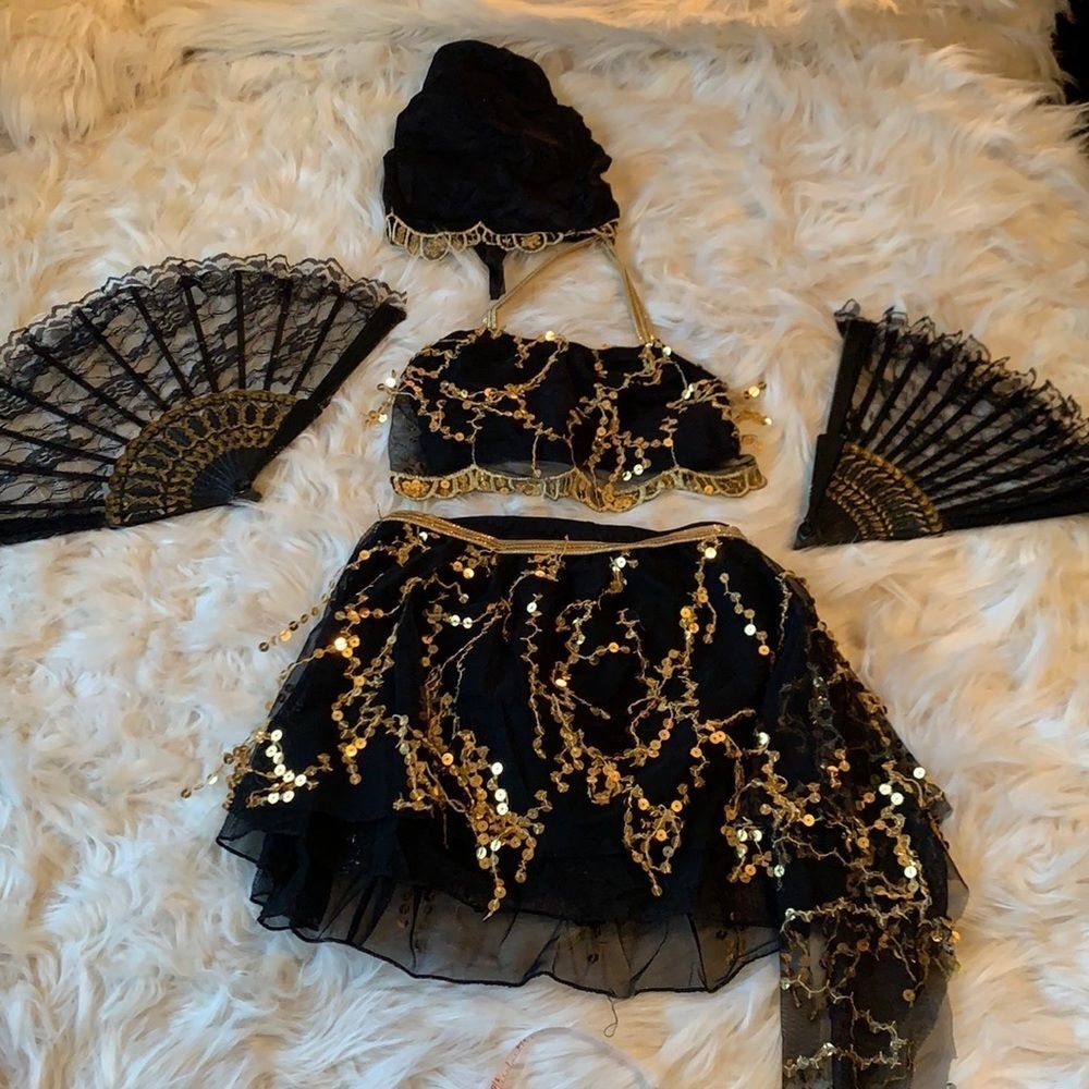 Spanish Arabian Nights Belly Dance Costume 6 Piece Set Fans Coin Skirt Girls 11